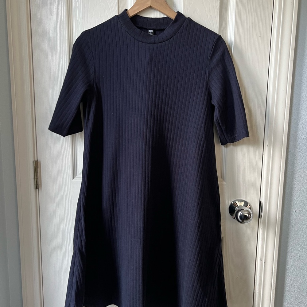 NWT - Uniqlo Ribbed A-line Mini Dress Casual (Dark Blue)